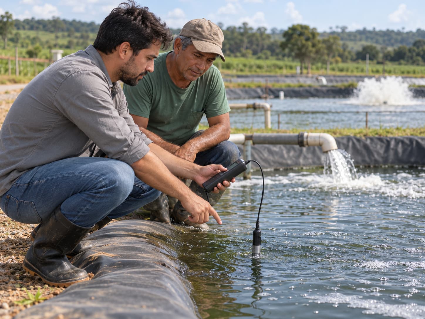 Técnico especialista em zootecnia examinando manejo e biometria de peixes em campo