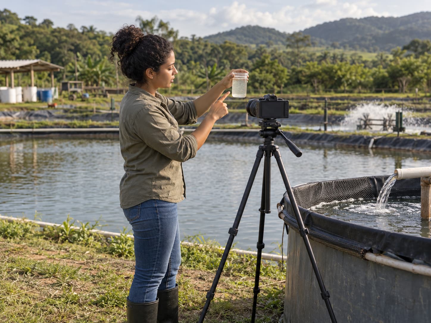 Criador de conteúdo com equipamento de filmagem gravando relato sobre práticas na aquicultura