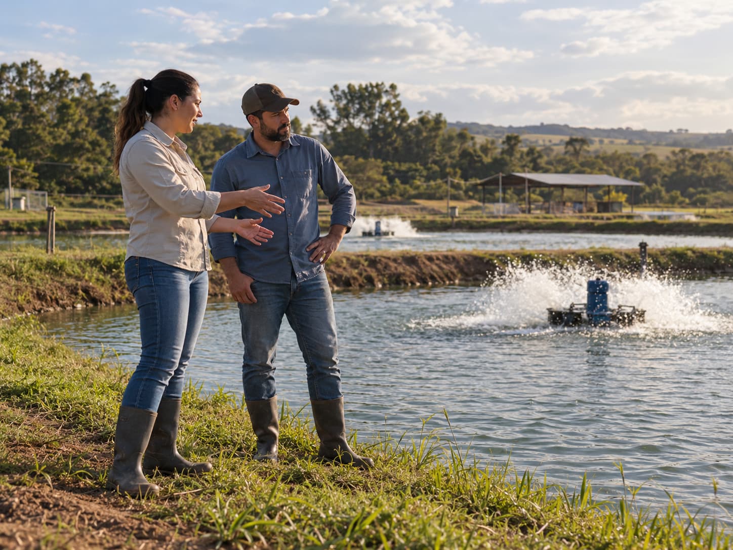 Representante comercial em diálogo técnico com produtor rural na beira de viveiro aquícola